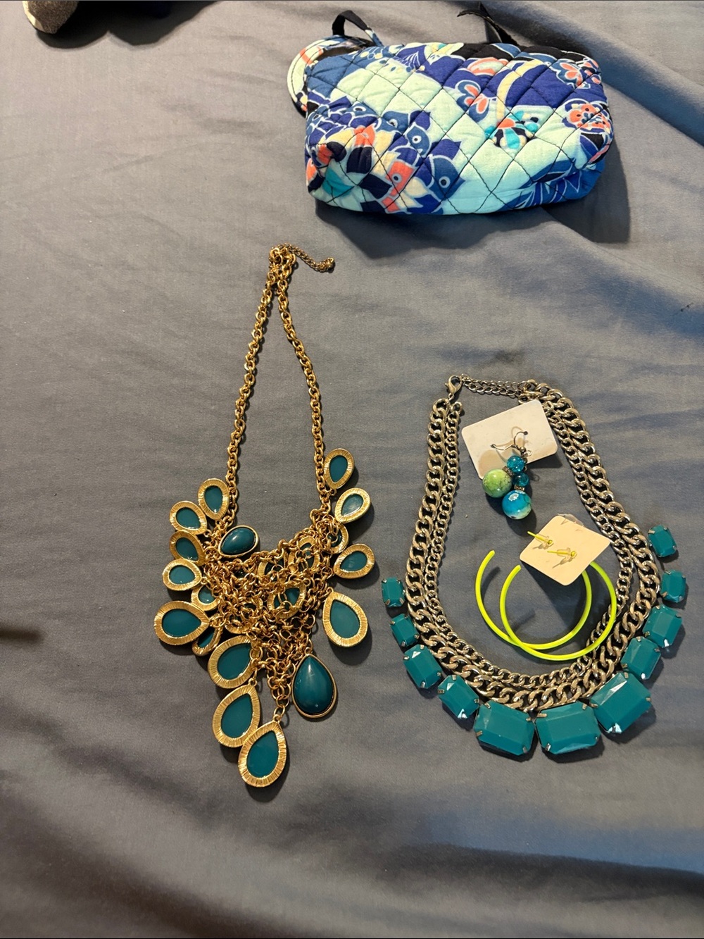 Teal Statement Bib Necklace and earrings set Bold Gold Accents and Vera Bradley